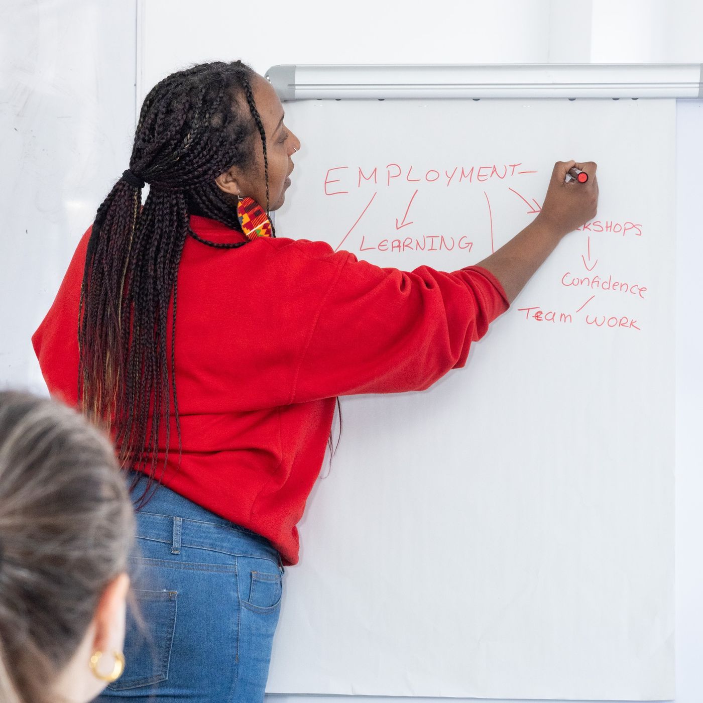 Employment and learning adviser at white board